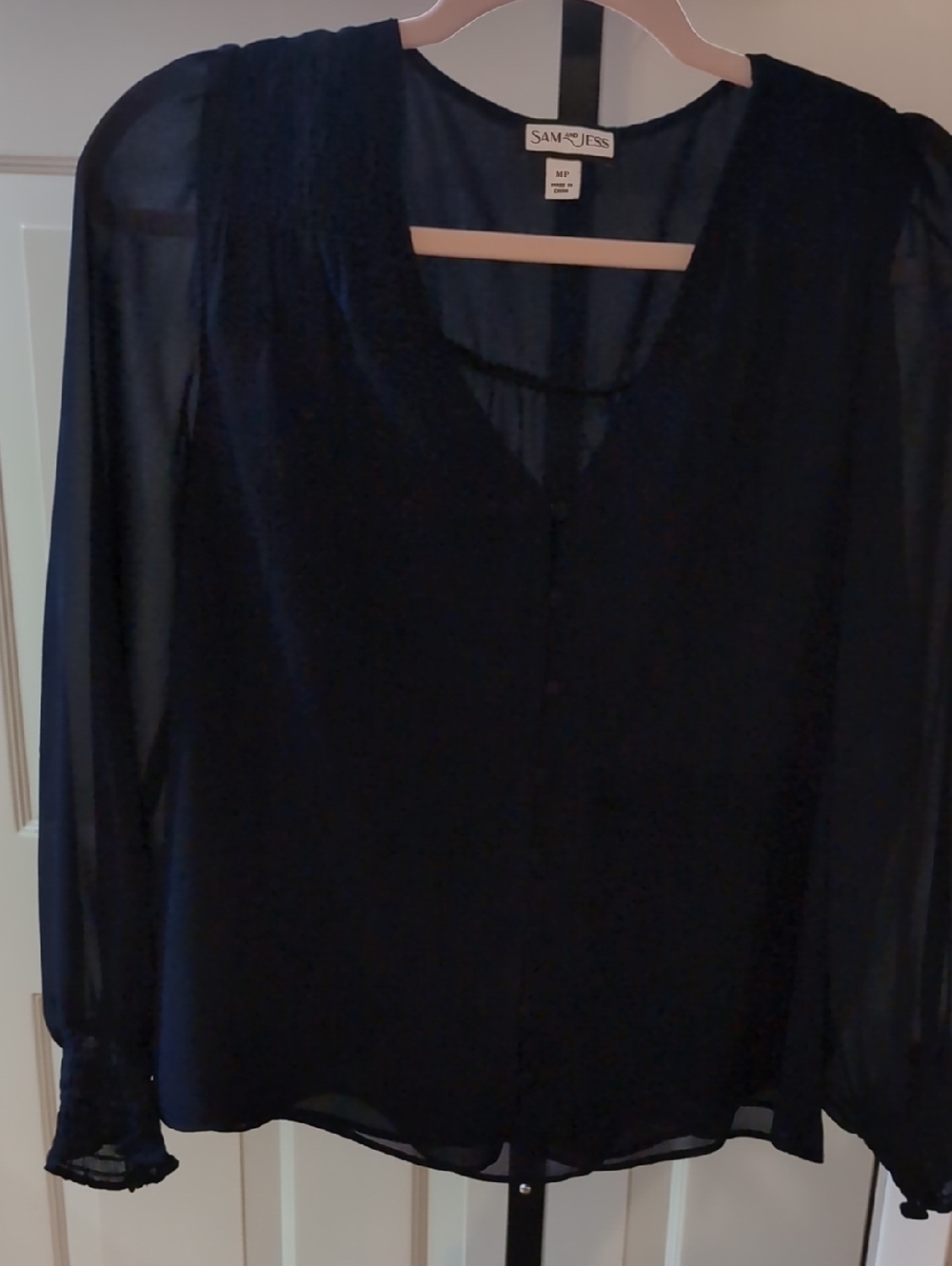 Sam & Jess Navy Sheer V-Neck Button Blouse